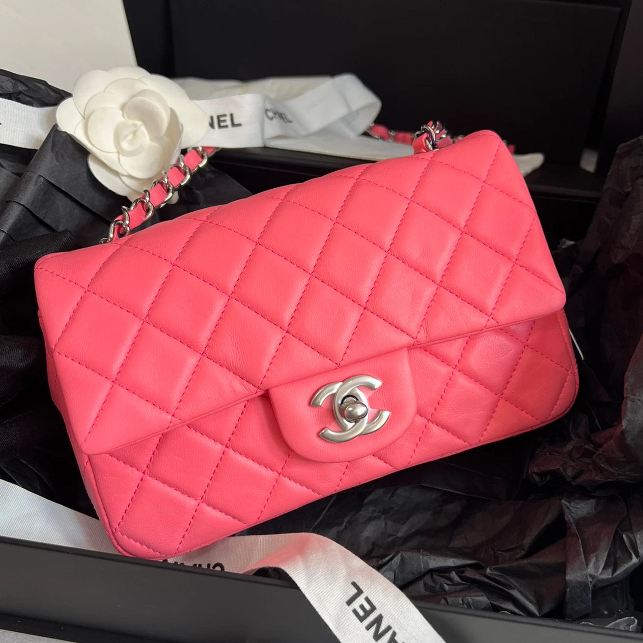 Chanel Classic Flap Mini Chain Shoulder Crossbody Pink Silver Women Fashion