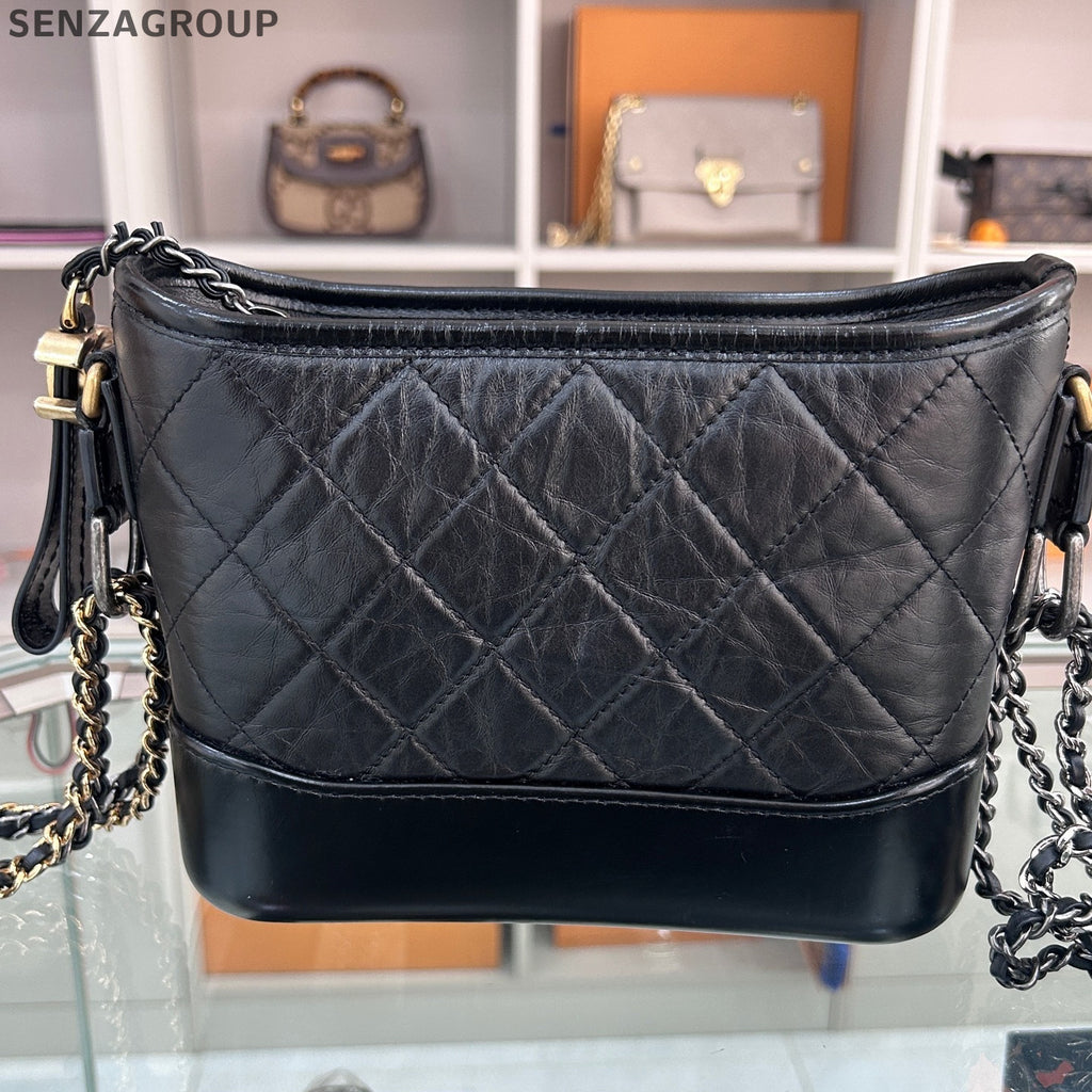 Chanel Small Gabrielle Hobo Bag Black Gold Chevron Chain Shoulder Crossbody