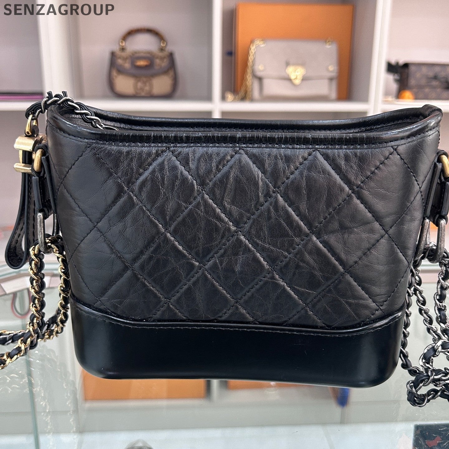 Chanel Small Gabrielle Hobo Bag Black Gold Chevron Chain Shoulder Crossbody