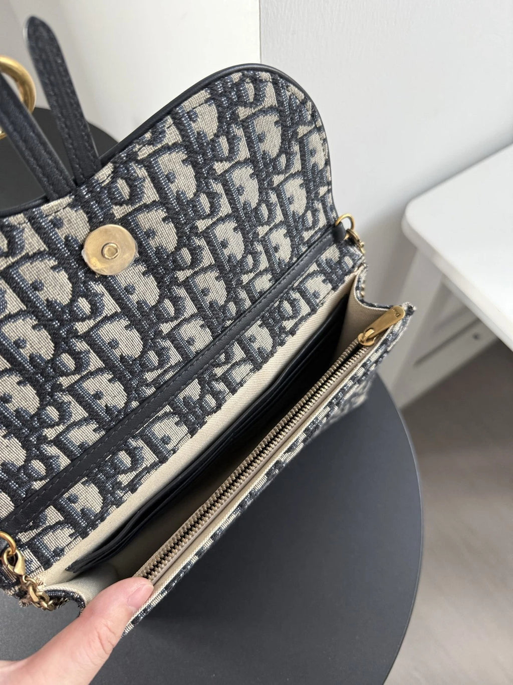 Dior Saddle Canvas Gold Blue Shoulder Bag Chain Bag Excellent