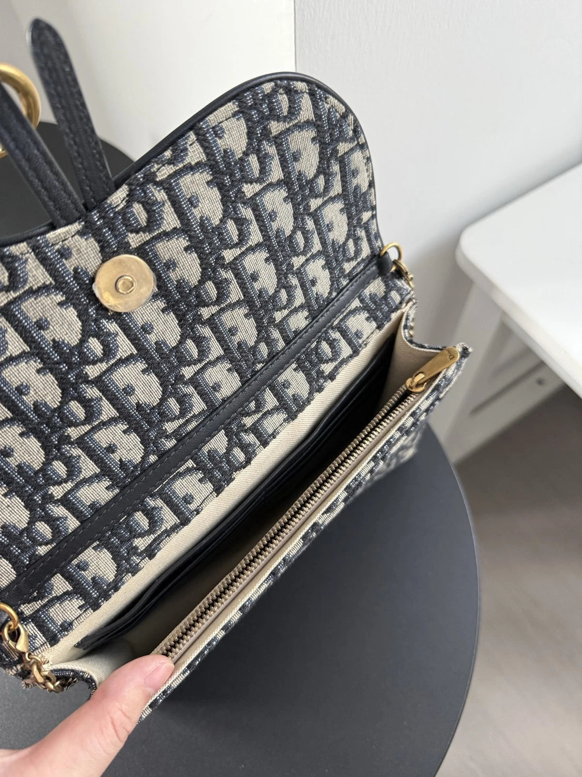 Dior Saddle Canvas Gold Blue Shoulder Bag Chain Bag Excellent