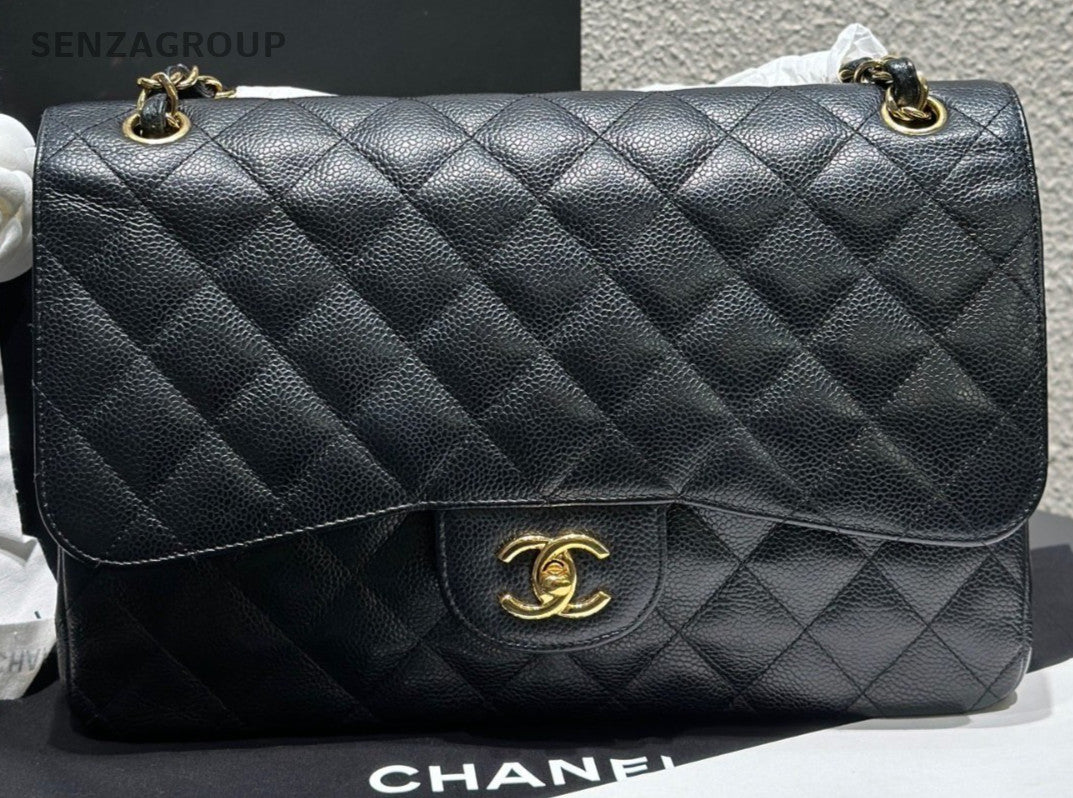 Chanel Jumbo Classic Flap GM Chain Shoulder Bag Crossbody Black Gold Women