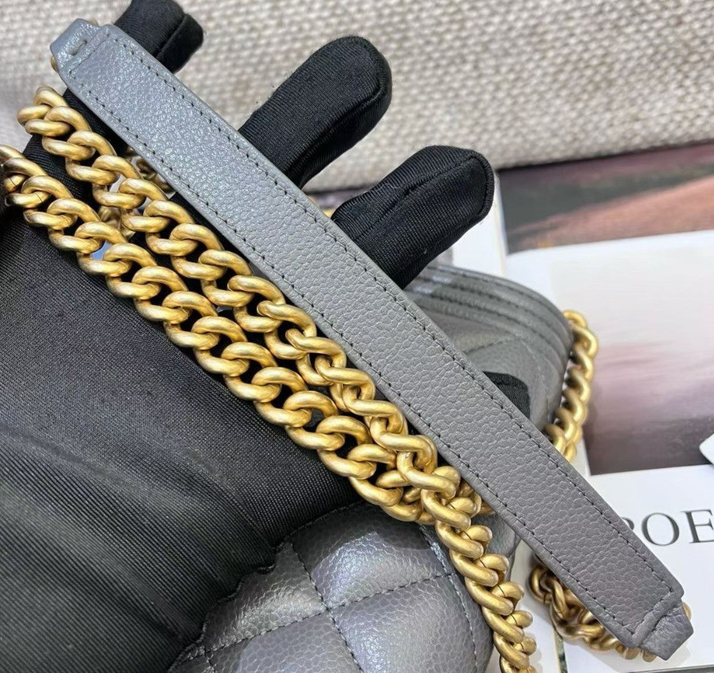 Chanel Leboy WOC Chain Shoulder Bag Crossbody Gray Gold Diamond Women Classic