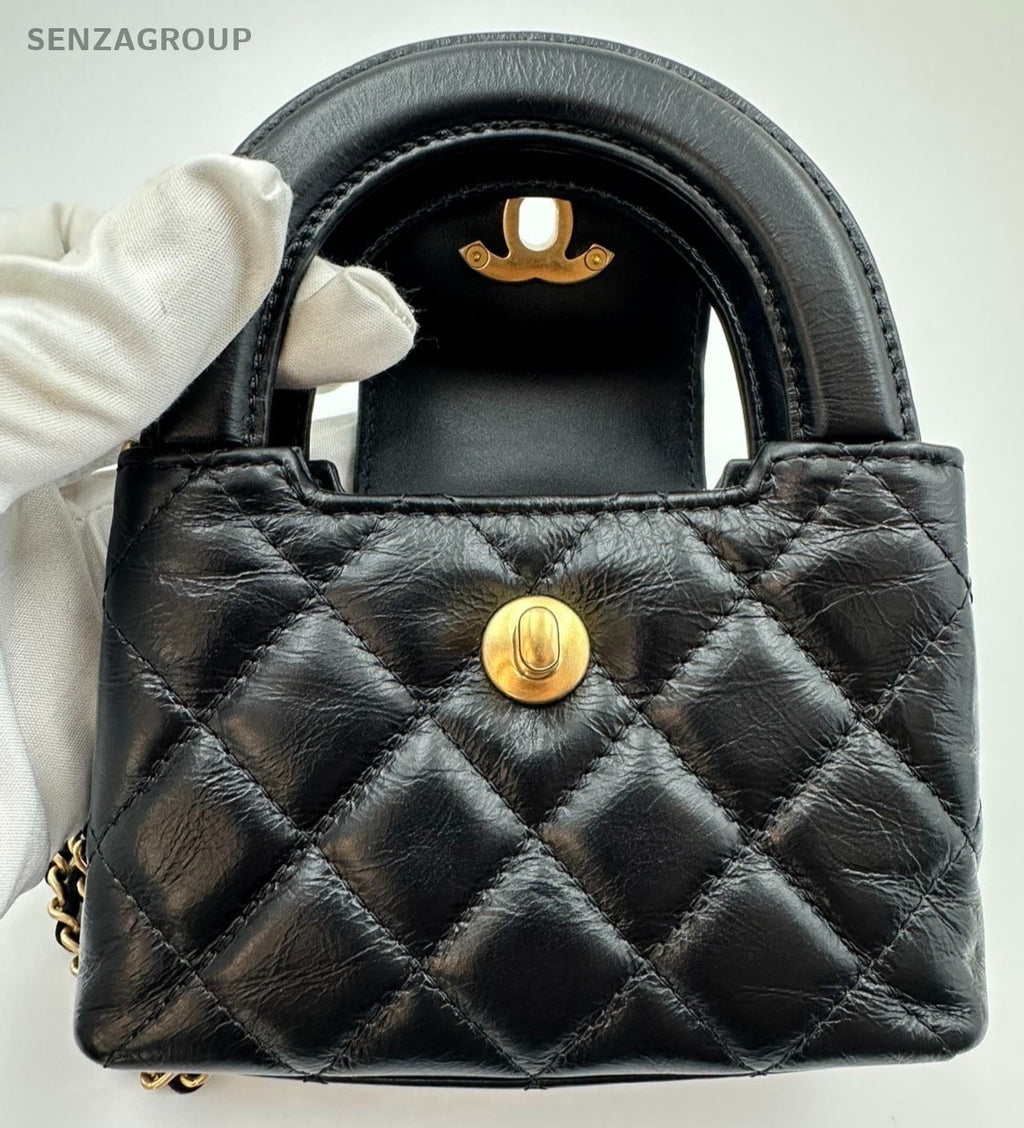 Chanel Kelly Nano Calfskin Top Handle Chain Shoulder Crossbody Black Gold Women