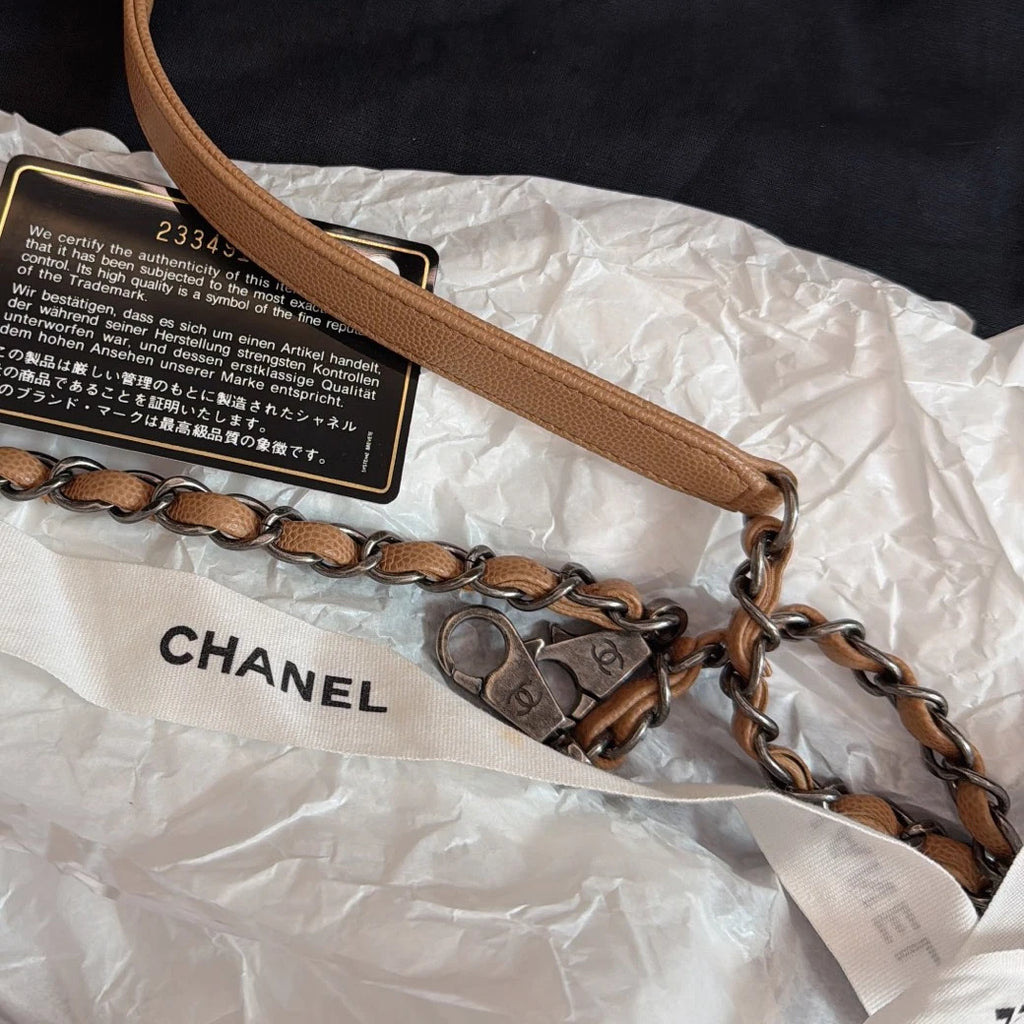 Chanel Calfskin Chain Top Handle Crossbody Beige Silver Women Classic Diamond