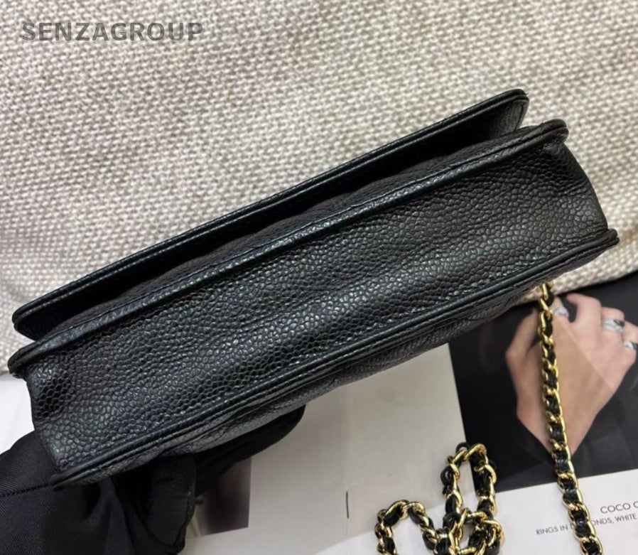 Chanel WOC Chain Shoulder Bag Crossbody Black Gold Diamond Women Classic