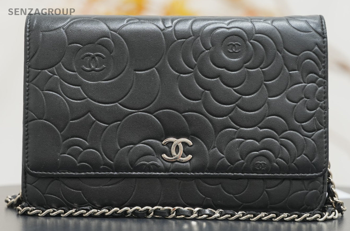 CHANEL Camellia Woc Chain Shoulder bag Crossbody Black Silver Women