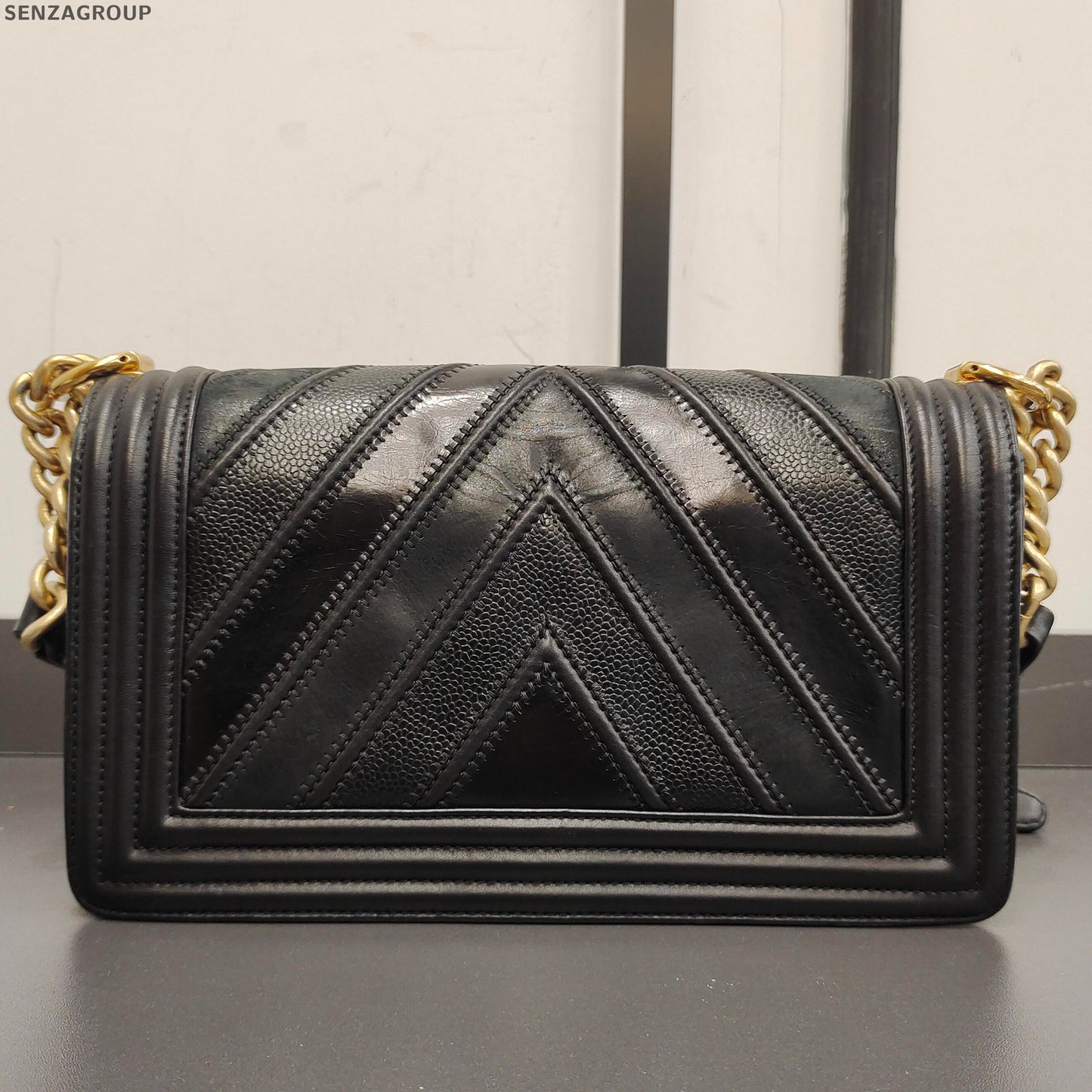 Chanel Le Boy Medium Black Gold Chevron Chain Shoulder Bag Classic