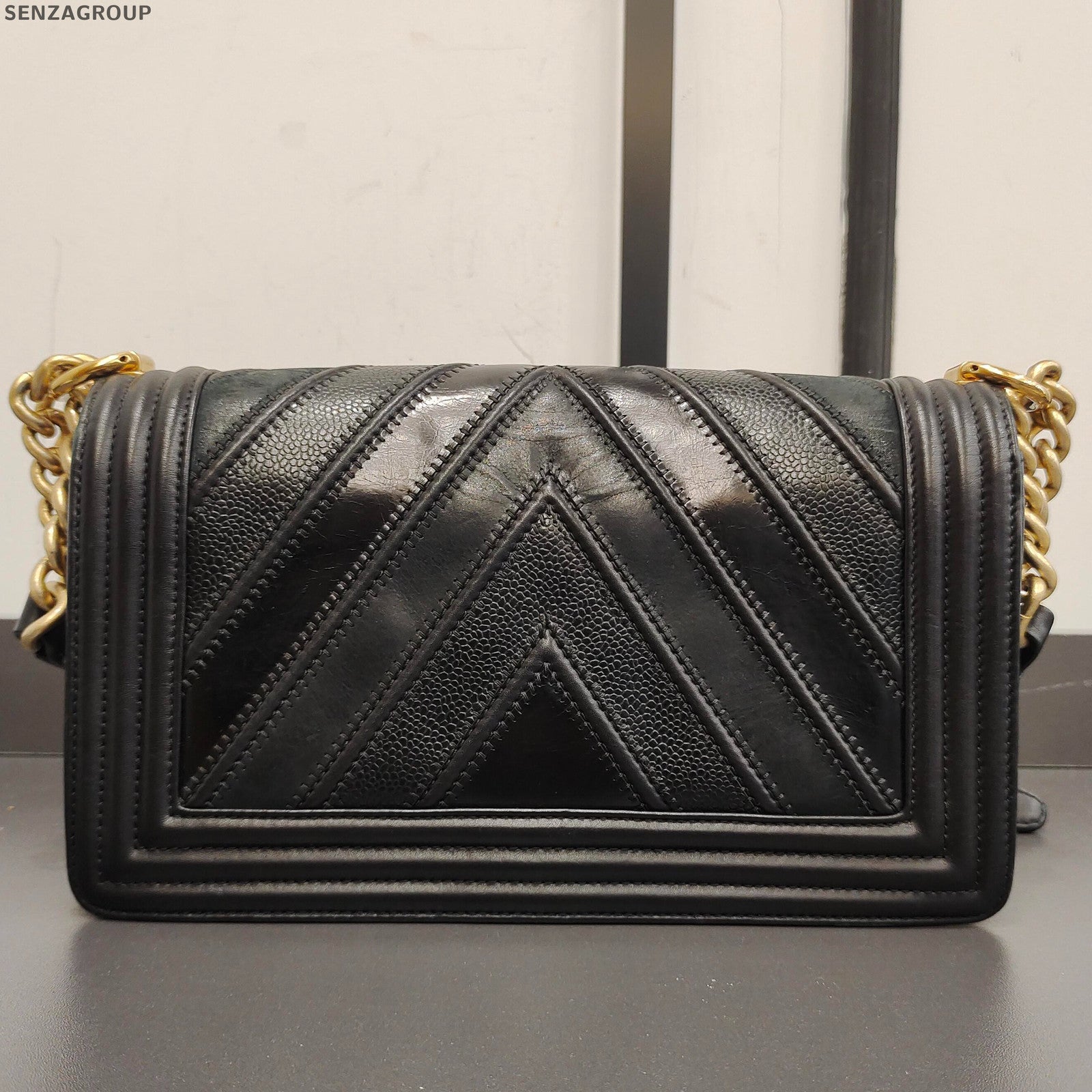 Chanel Le Boy Medium Black Gold Chevron Chain Shoulder Bag Classic