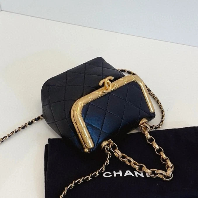 Chanel Kiss Lock Mini Chain Top Handle Crossbody Black Gold Women Classic