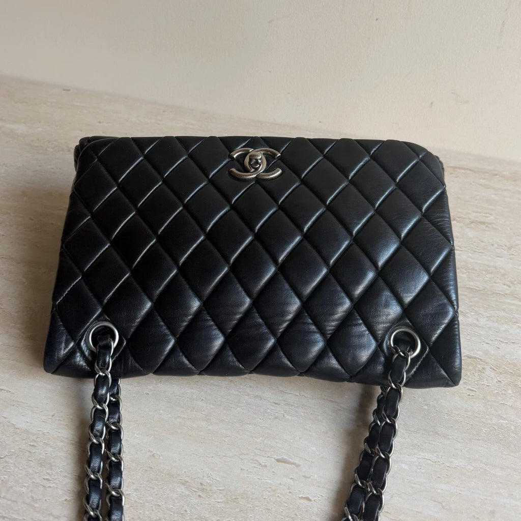 Chanel Classic Flap Puff Diamond Silver Chain Black Shoulder Bag Turn Lock