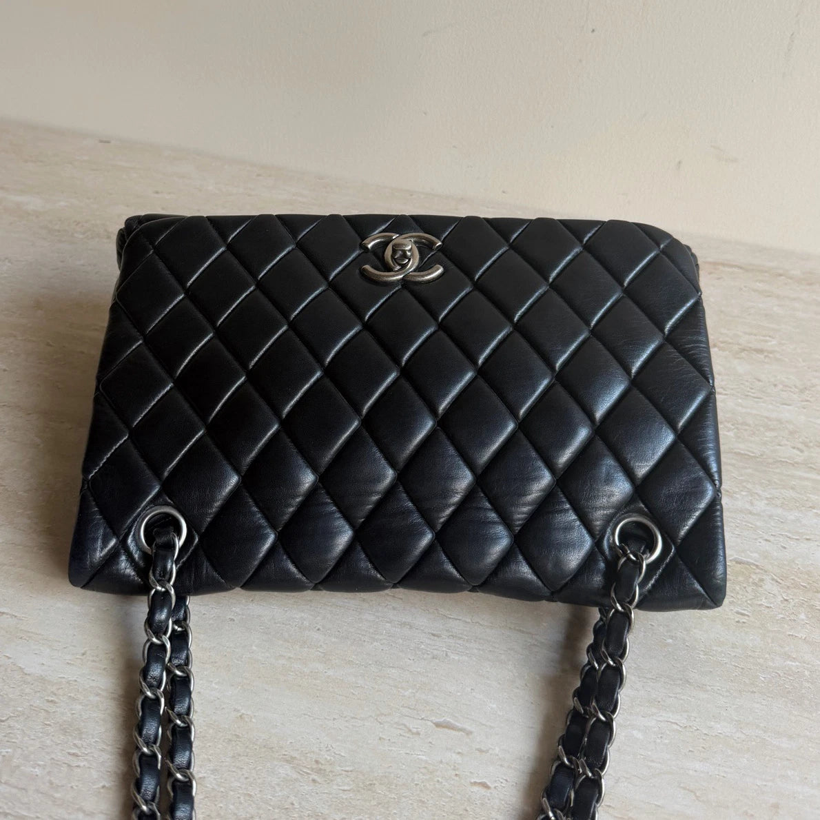Chanel Classic Flap Puff Diamond Silver Chain Black Shoulder Bag Turn Lock