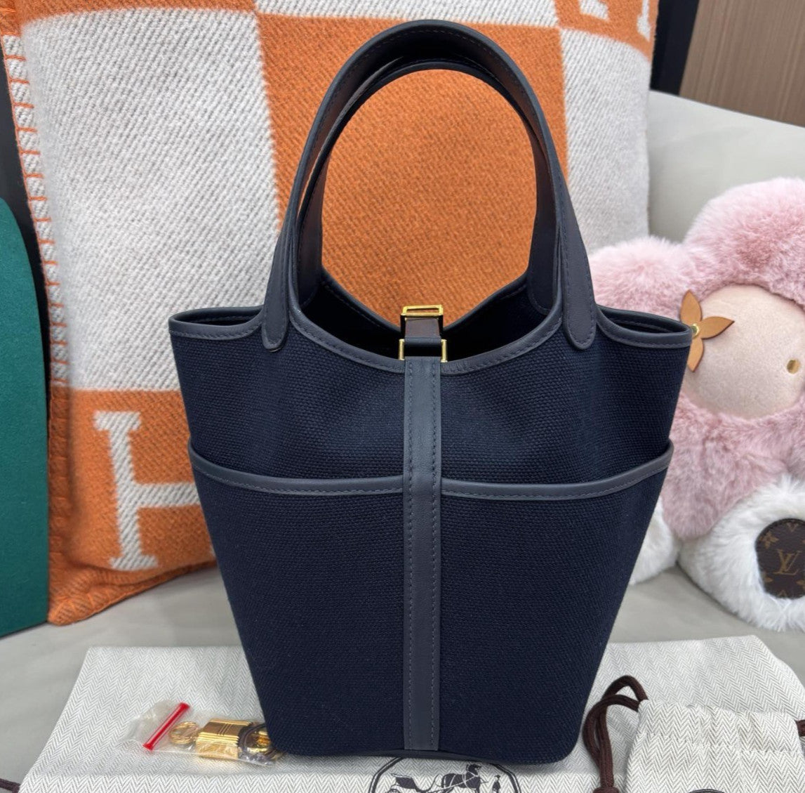 Hermes Cargo Picotin18 Top Handle Bag Blue Gold Used Women Classic Fashion