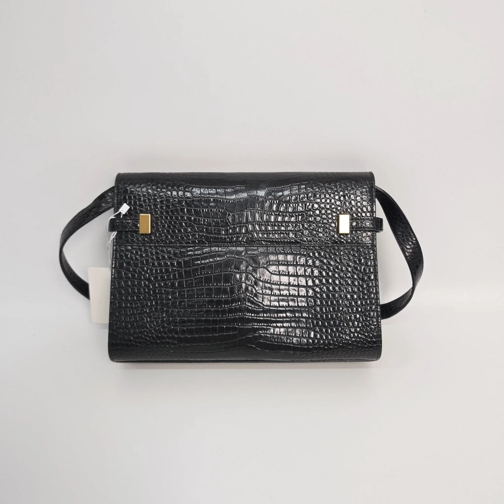 YSL Manhattan Medium Black Croc Embossed Leather Shoulder Bag Women