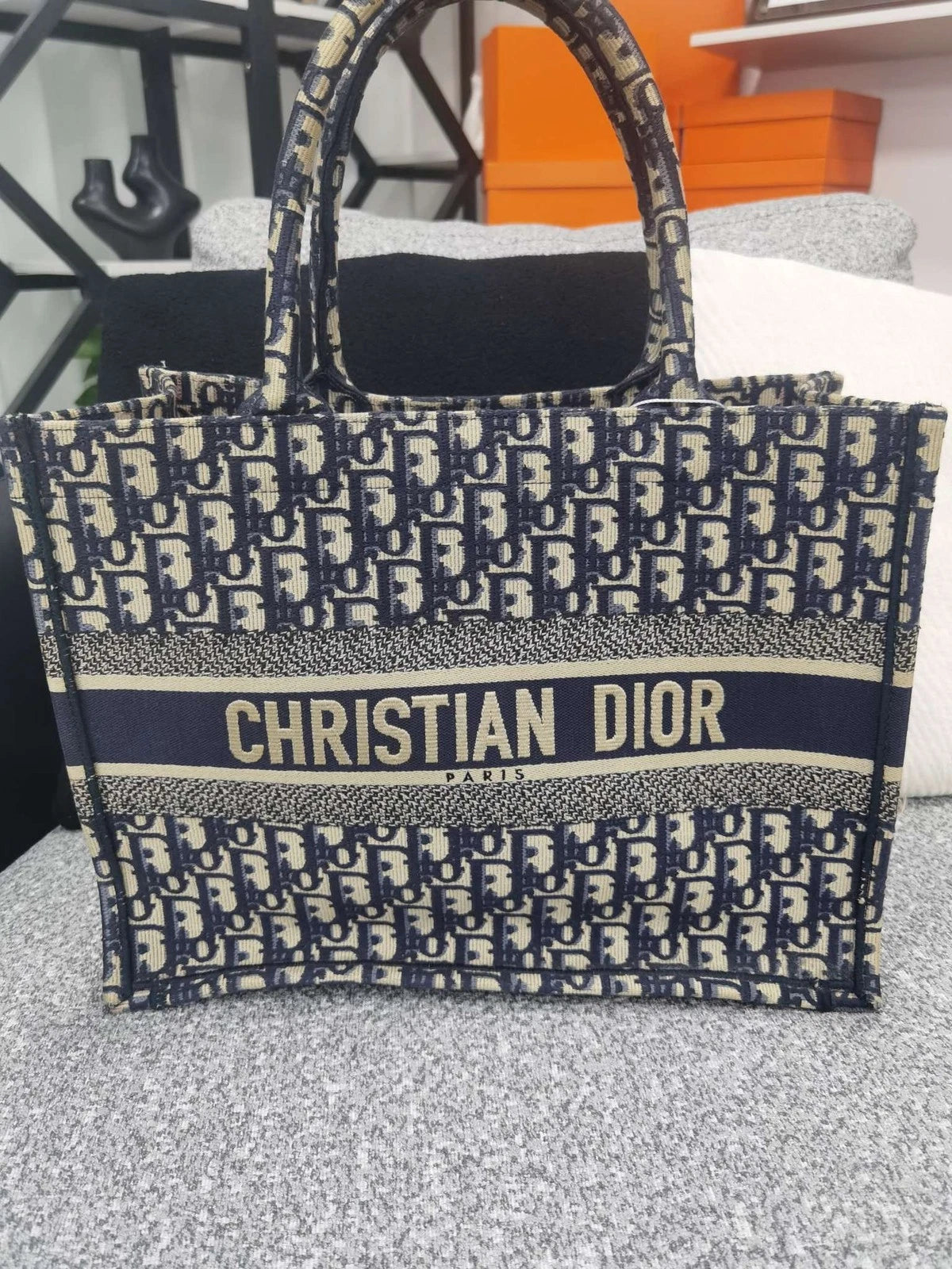 Authentic Dior Blue Denim Oblique Print Medium Tote Handbag For Women