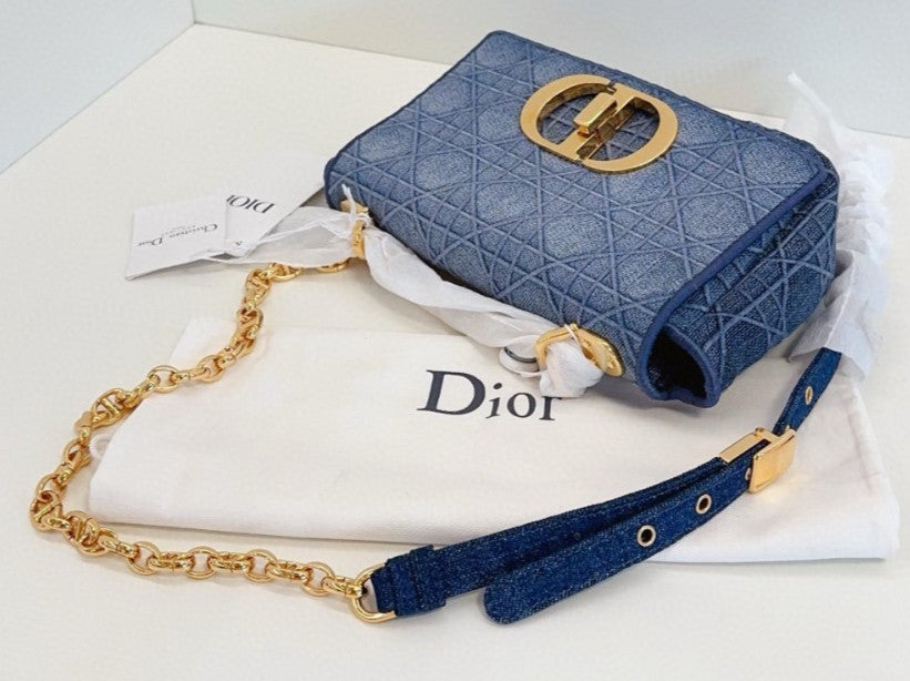 Christian Dior Caro PM Denim Wicker check pattern Chain Shoulder bag Blue Gold