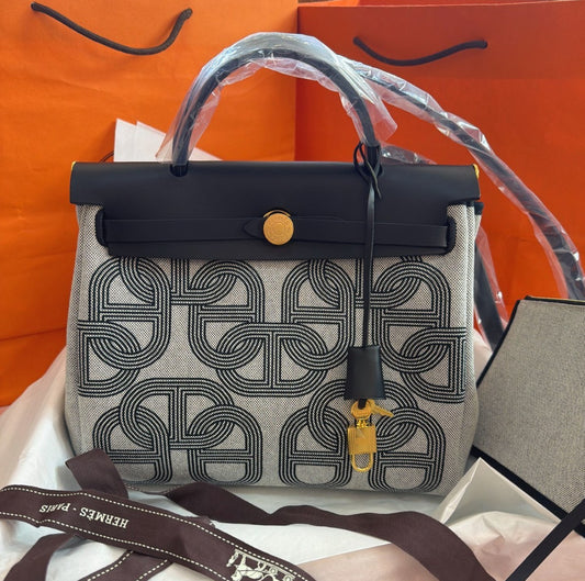 Hermes Herbag31 Top Handle Shoulder Crossbody Gray Black Gold Women Classic