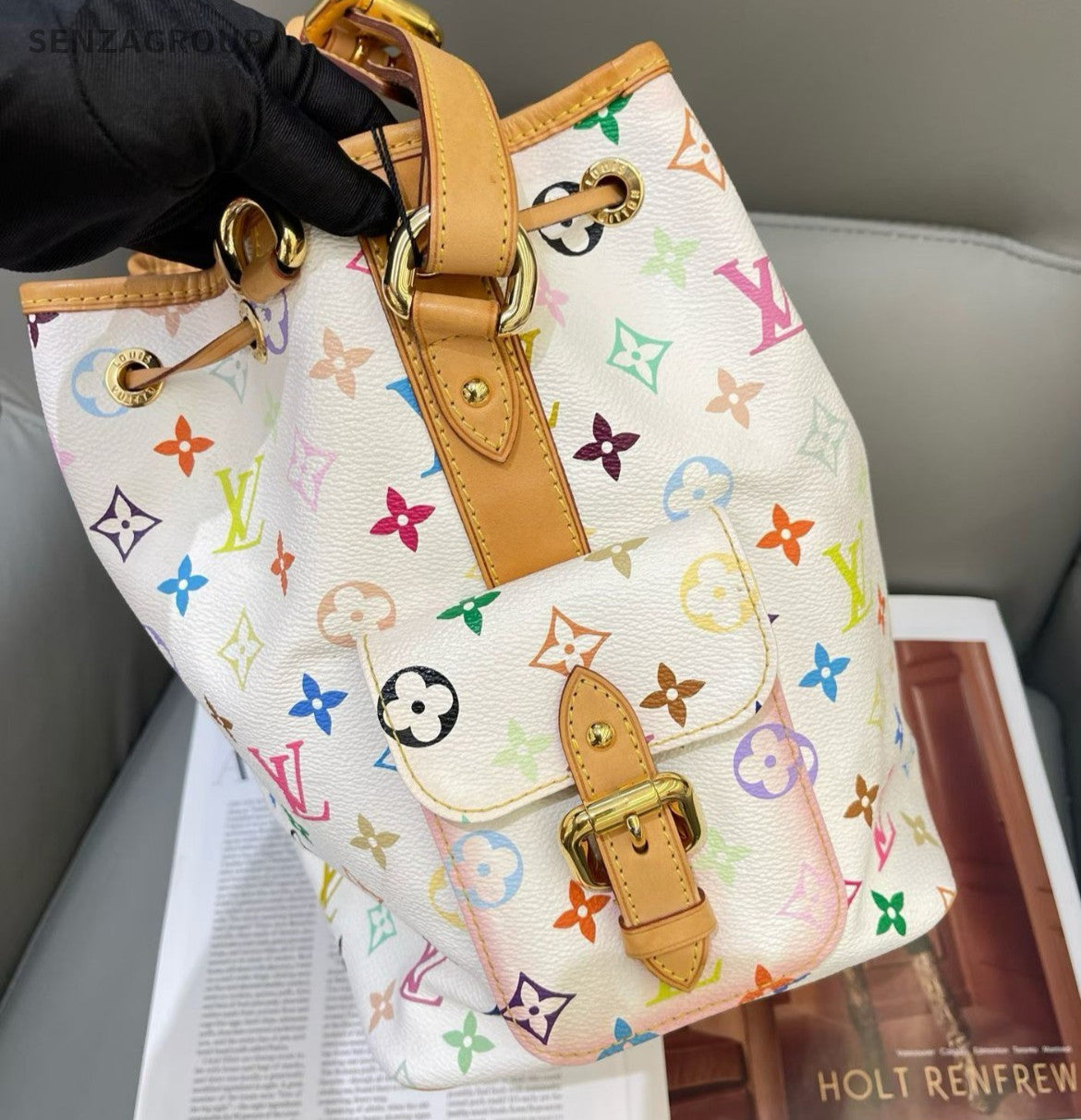 Louis Vuitton Monogram Bucket Shoulder Bag White Multicolor Gold Women Classic