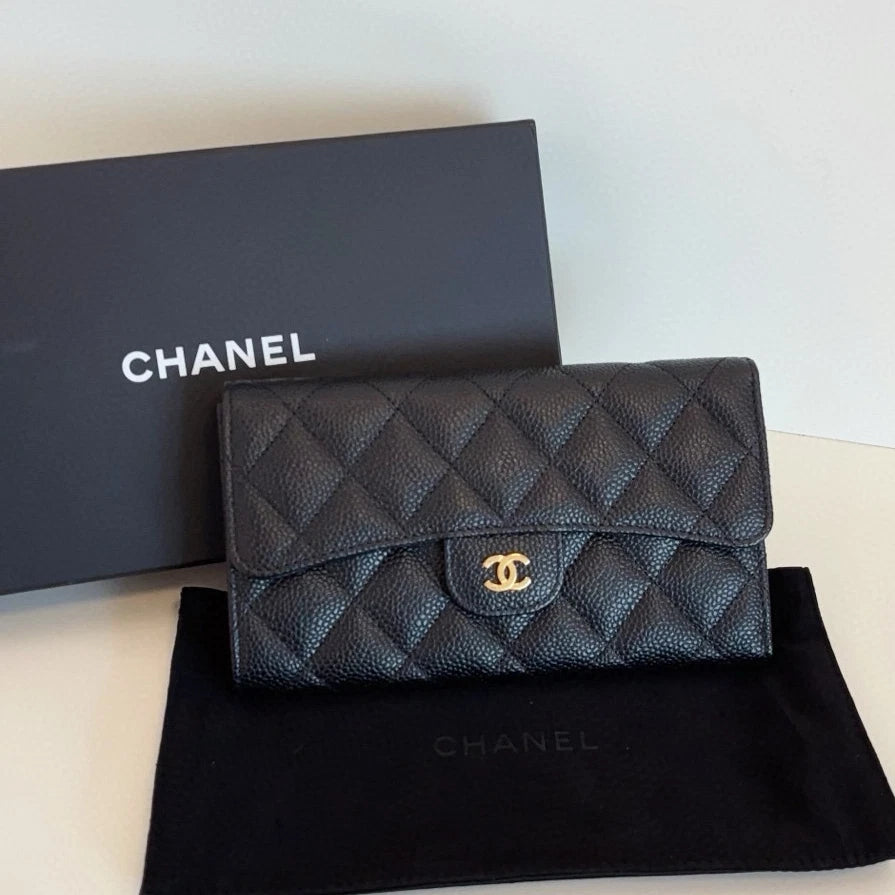 Chanel Classic Flap Long Wallet Diamond Black Gold Used Women
