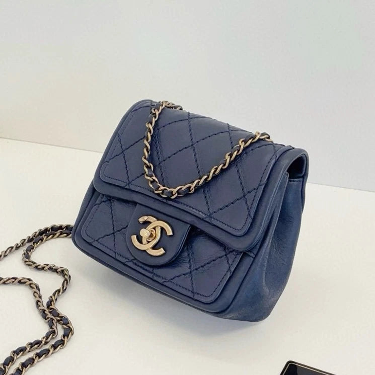 Chanel Classic Flap Chain Shoulder Bag Crossbody Blue Gold Women Diamond