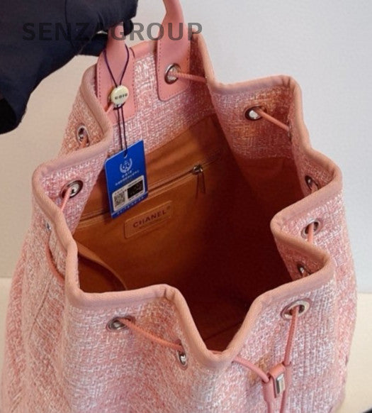 Chanel Canvas Calfskin Bucket Backpack Bag Pink Silver Used Women Classic