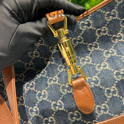 Gucci Denim Shoulder Bag Blue Brown Gold Buckle Classic GG Monogram