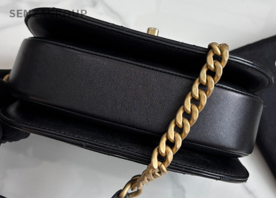 Chanel 21S Calfskin Chain Shoulder Bag Black Gold Women Diamond Pattern Classic