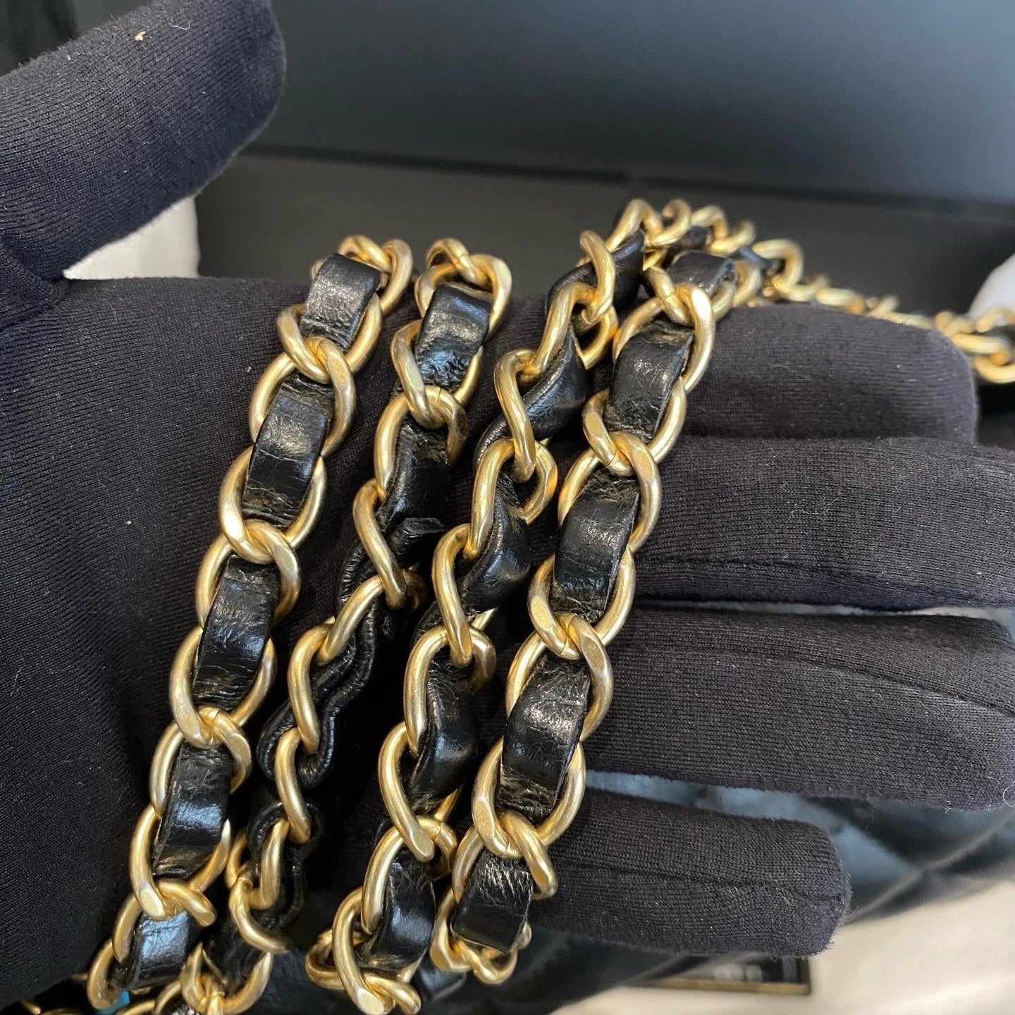 Chanel Calfskin Diamond Chain Shoulder Bag Black Gold Used Women Classic