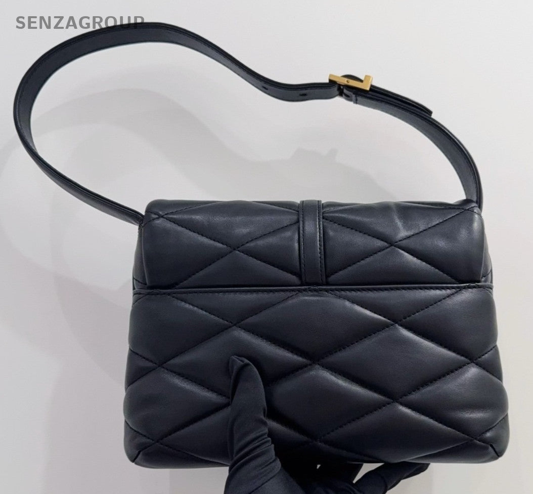 YSL Saint Laurent LE57 Hobo Lambskin Shoulder Handbag Black Gold Women
