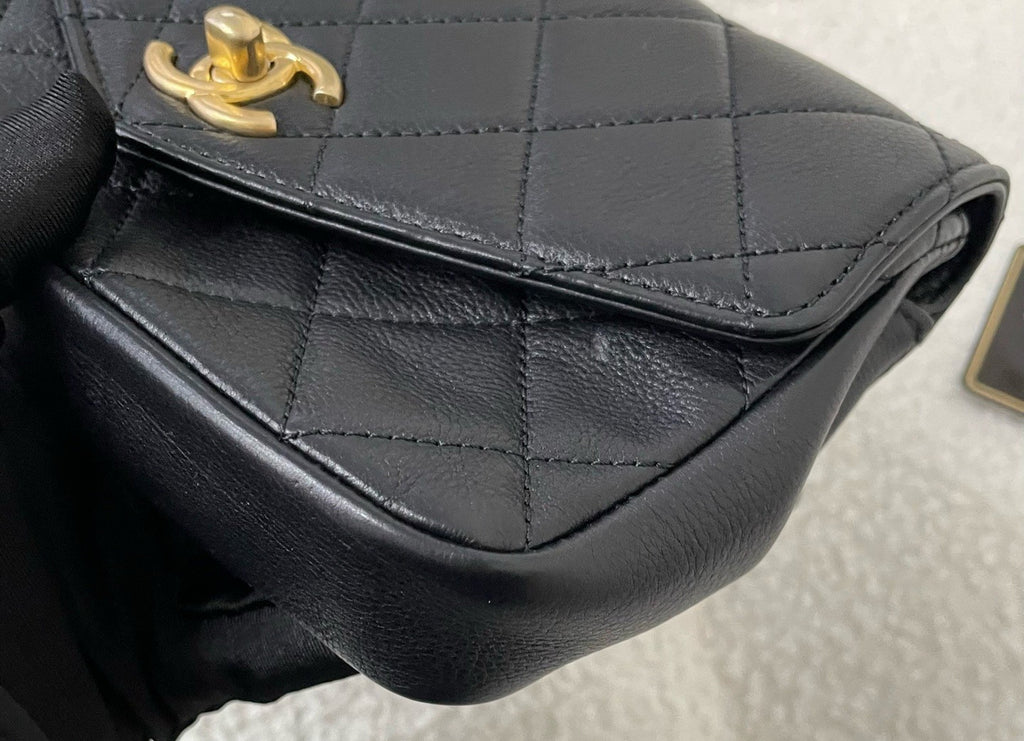 Chanel Diamond Calfskin Waist Bag Crossbody Black Gold Used Women Classic