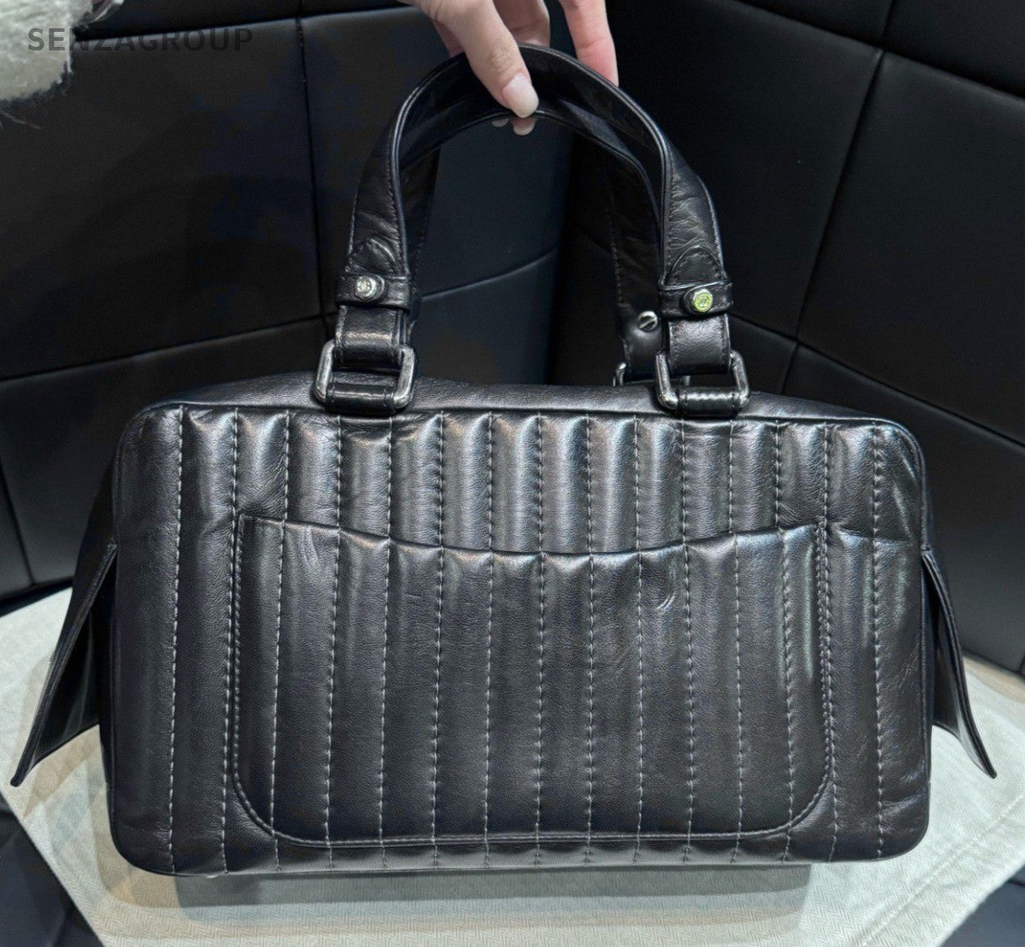 Chanel Bolide Lambskin Top Handle Bag Black Silver Women Classic