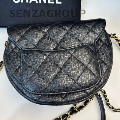 Chanel 23P Quilted Black Caviar Leather Saddle Bag with Chain Strap