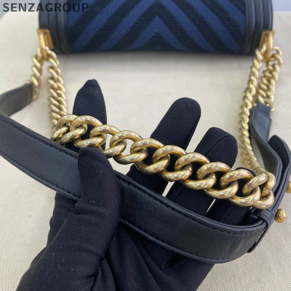 Chanel Medium Boy Bag Chevron Blue Gold Chain Shoulder Crossbody