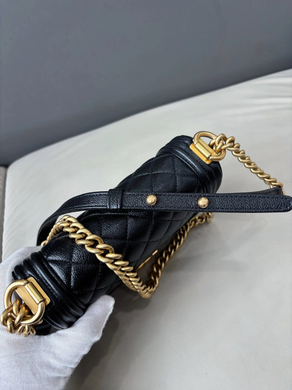 Chanel Le Boy Crossbody Shoulder Bag Black Gold Women Classic