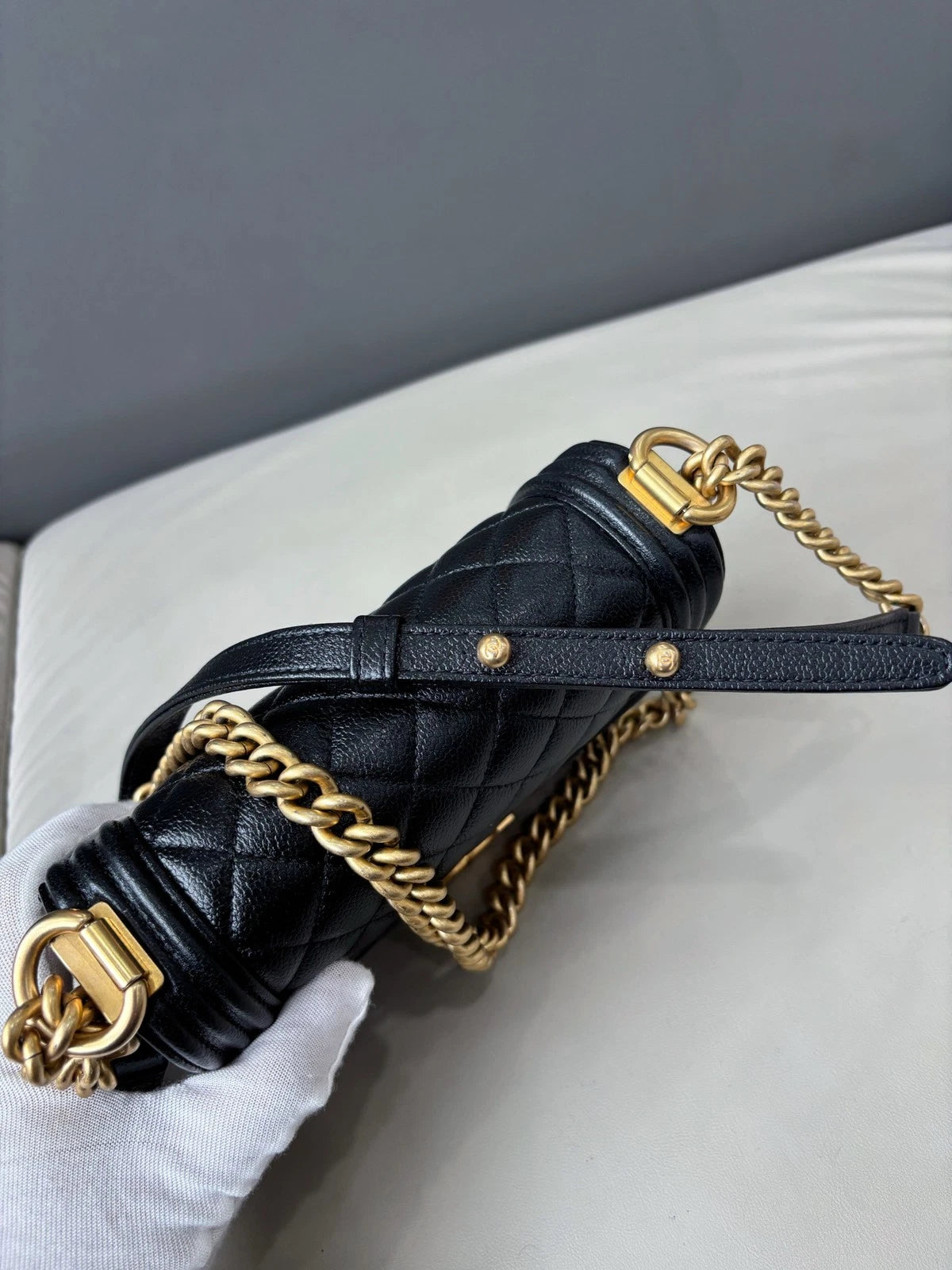 Chanel Le Boy Crossbody Shoulder Bag Black Gold Women Classic