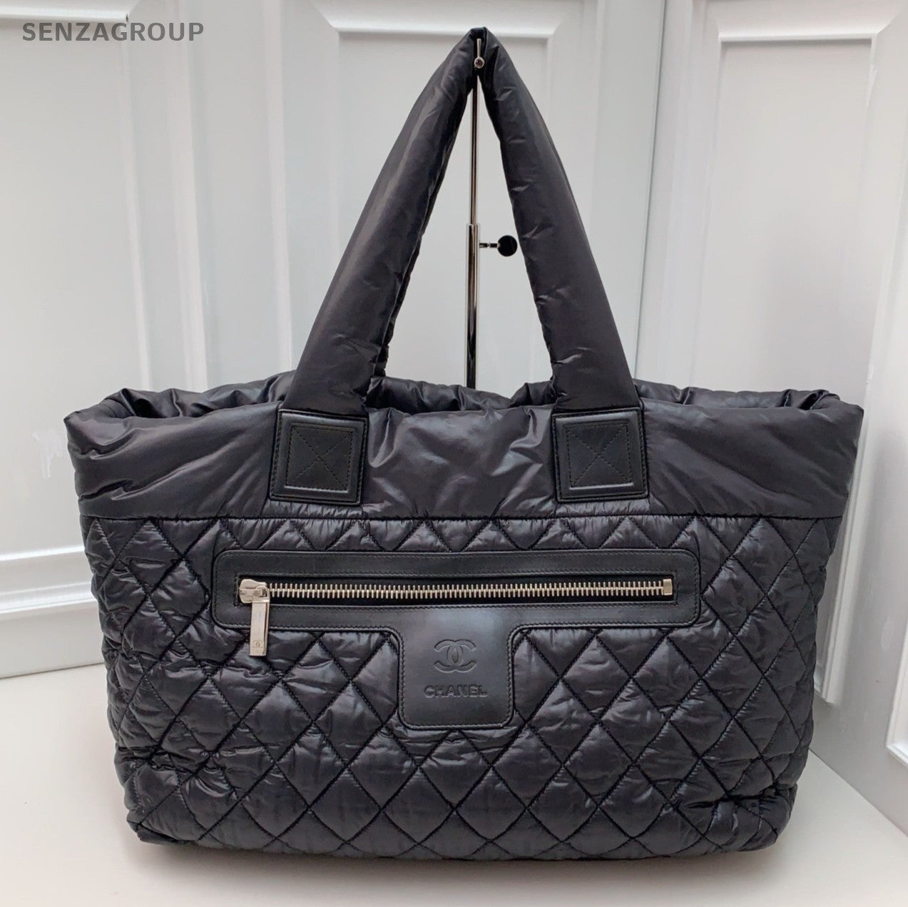 Chanel Diamond Tote Shoulder Bag Black Silver Used Women Classic