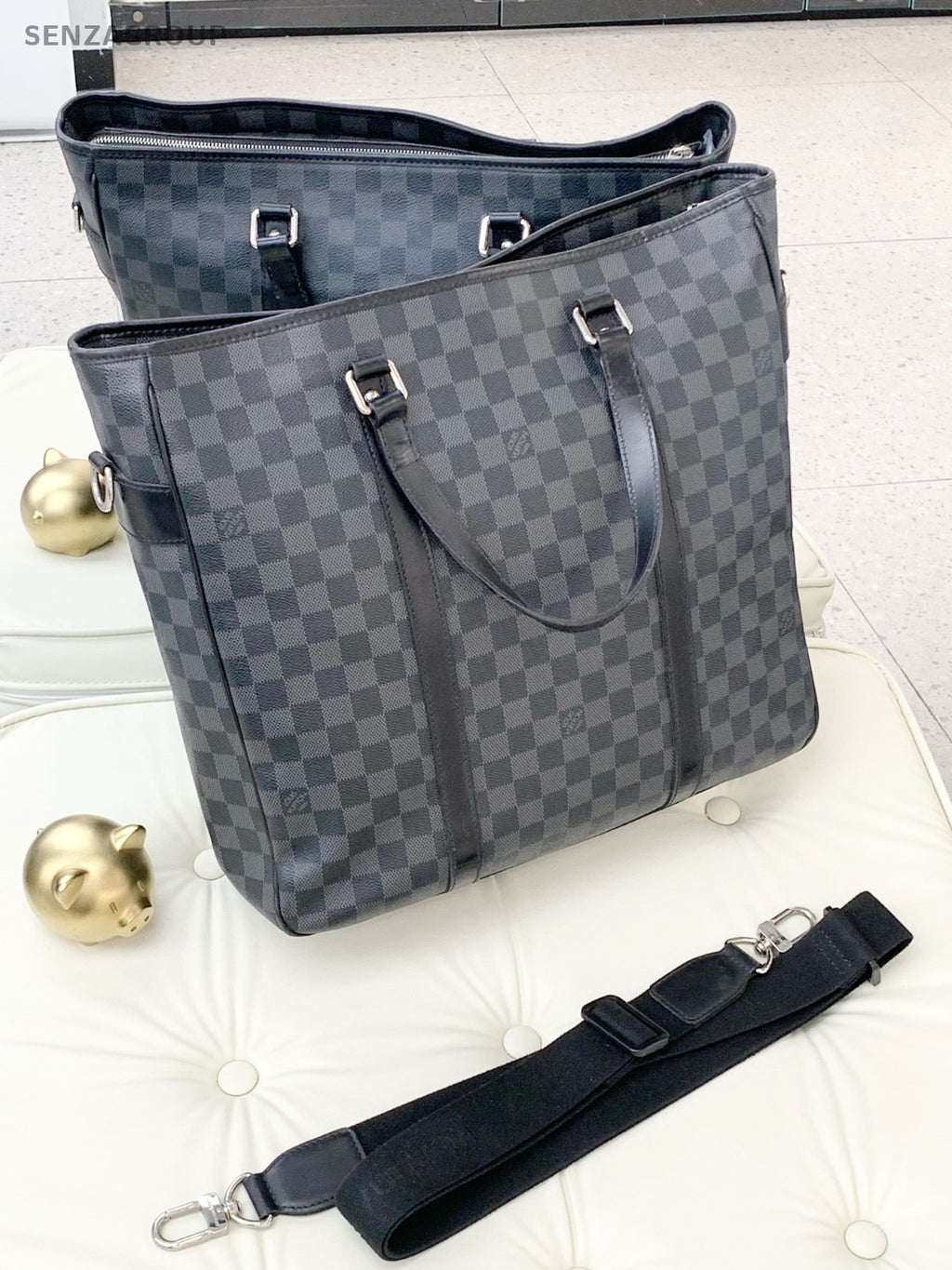 Louis Vuitton Tadao Damier Ebene Top Handle 2way Shoulder Handbag Black Silver
