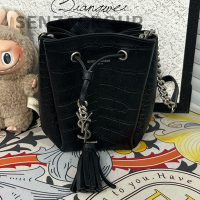 YSL Saint Laurent Black Silver Fringe Drawstring Bucket Bag Chain Crossbody