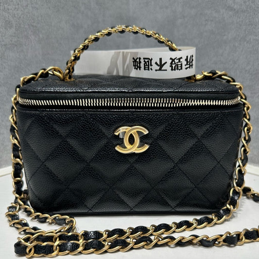 Chanel 22S Black Gold Cosmetic Vanity Case Chain Shoulder Bag