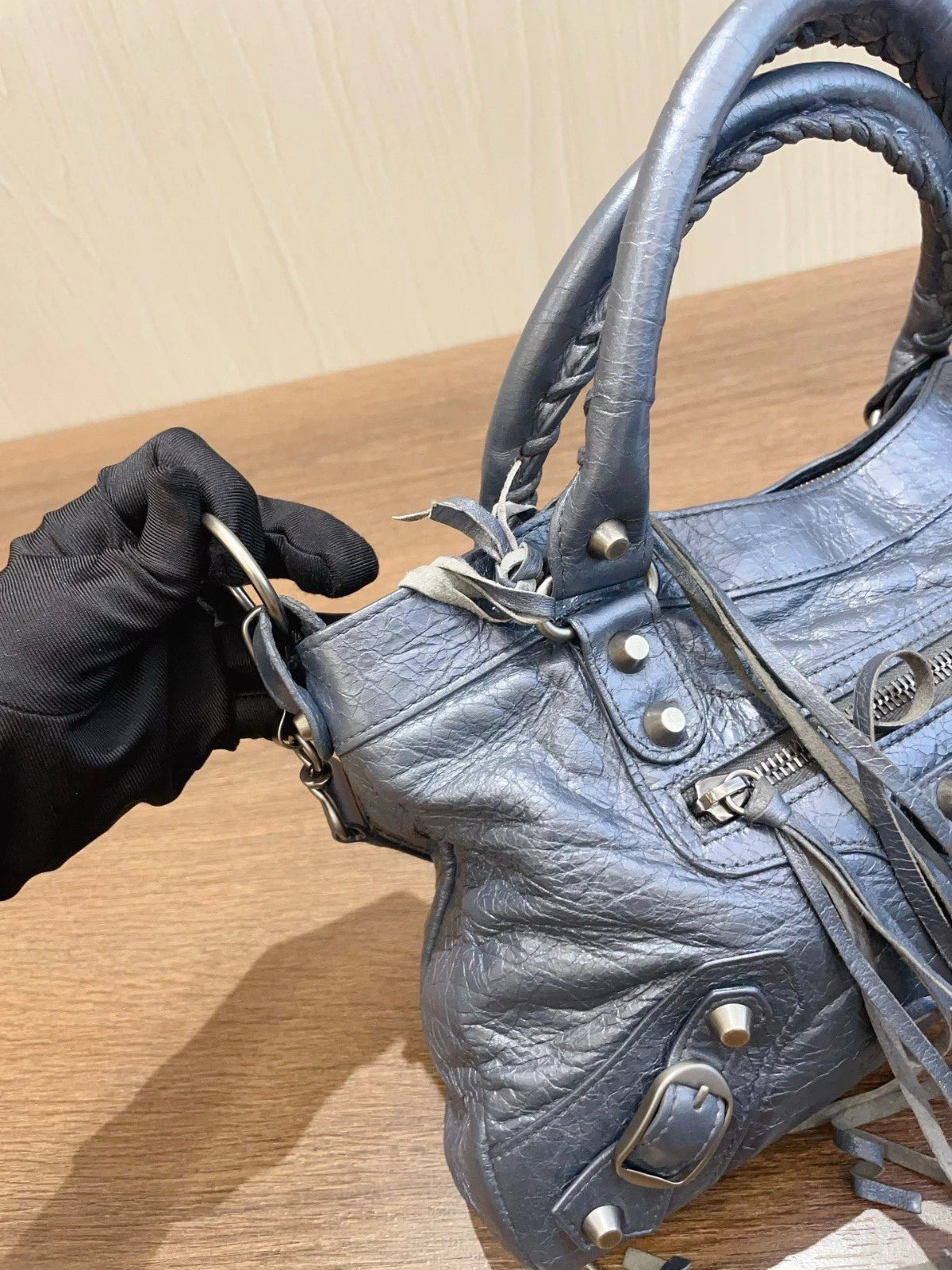 Balenciaga Le City Gray Top Handle Bag Shoulder Bag Silver Hardware Women
