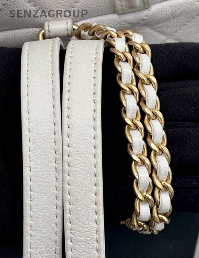 Chanel Vanity Calfskin Chain Backpack White Gold Used Women Classic