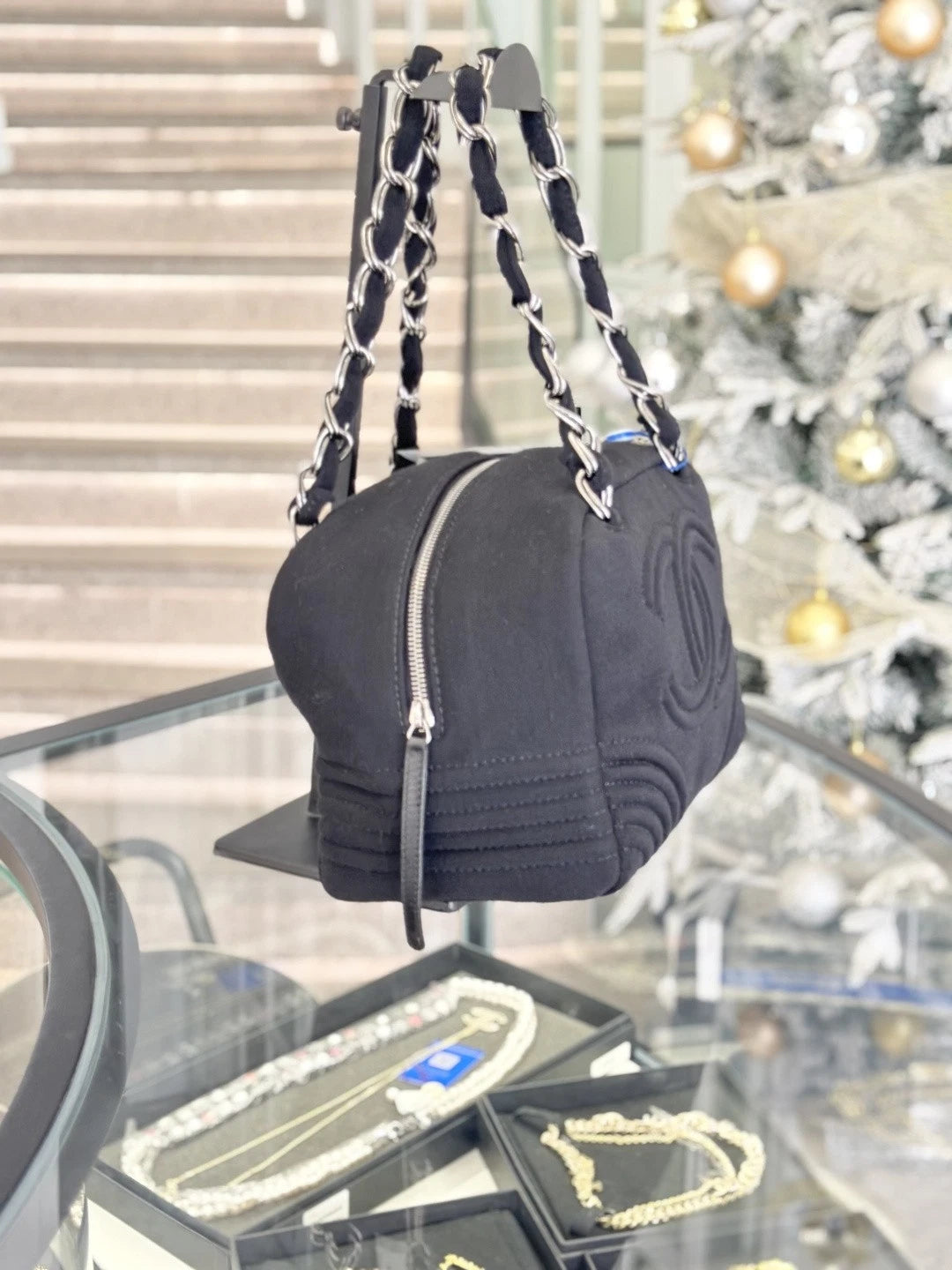 Chanel CC Logo Chain Top Handle Shoulder Bag Black Silver Women Classic S