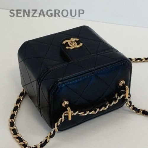 Chanel Lambskin Box Chain Shoulder Bag Crossbody Black Gold Women Classic