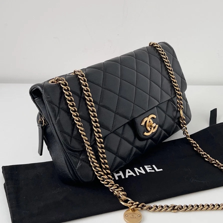 Chanel Classic Flap Jumbo Calfskin Gold Coin Chain Black Shoulder Bag Crossbody
