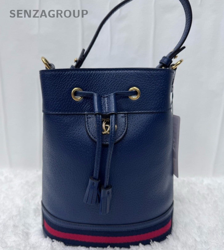 Gucci Bucket 2Way Blue Gold Top Handle Bag Crossbody Used Women Classic