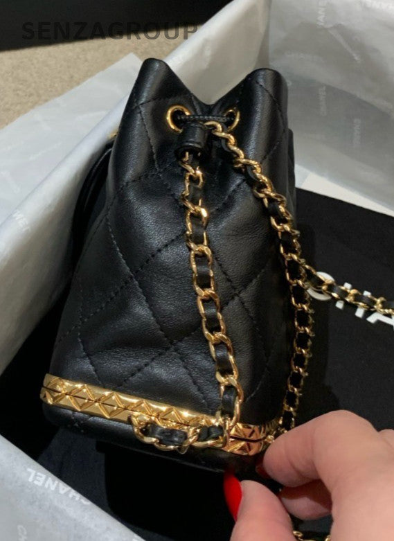 CHANEL Bucket Drawstring Lambskin Diamond Pattern Chain Shoulder bag Black Gold