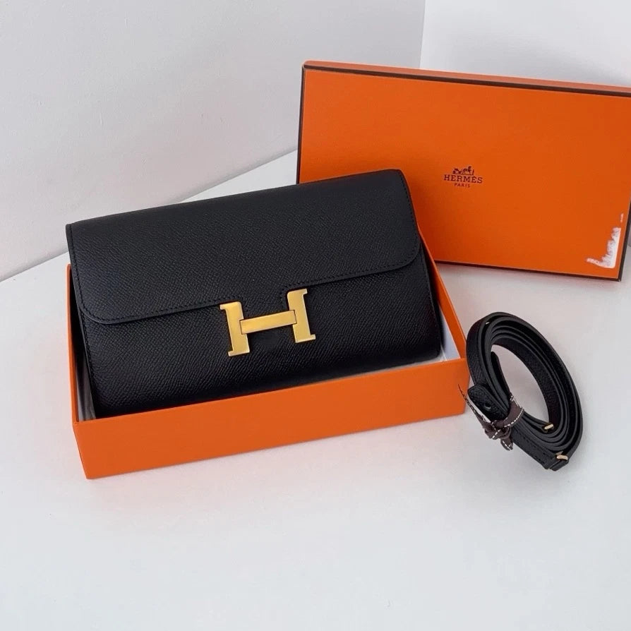 Hermes Constance Togo Epsom Leather Black Gold Clutch Shoulder Bag Crossbody