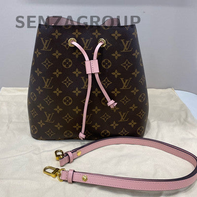 LV Monogram Bucket Bag Drawstring Shoulder Bag Brown Pink Gold Hardware