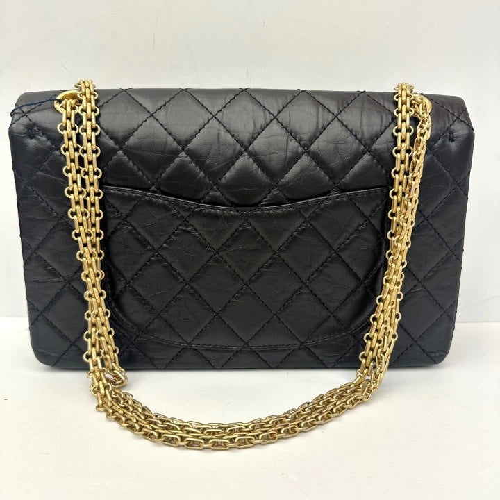 CHANEL 2.55 Medium Animal Badge Leather Shoulder Bag Black Gold Women