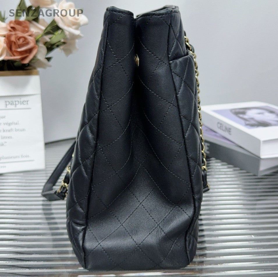Chanel GST Calfskin Tote Chain Shoulder Bag Black Gold Women Classic Diamond